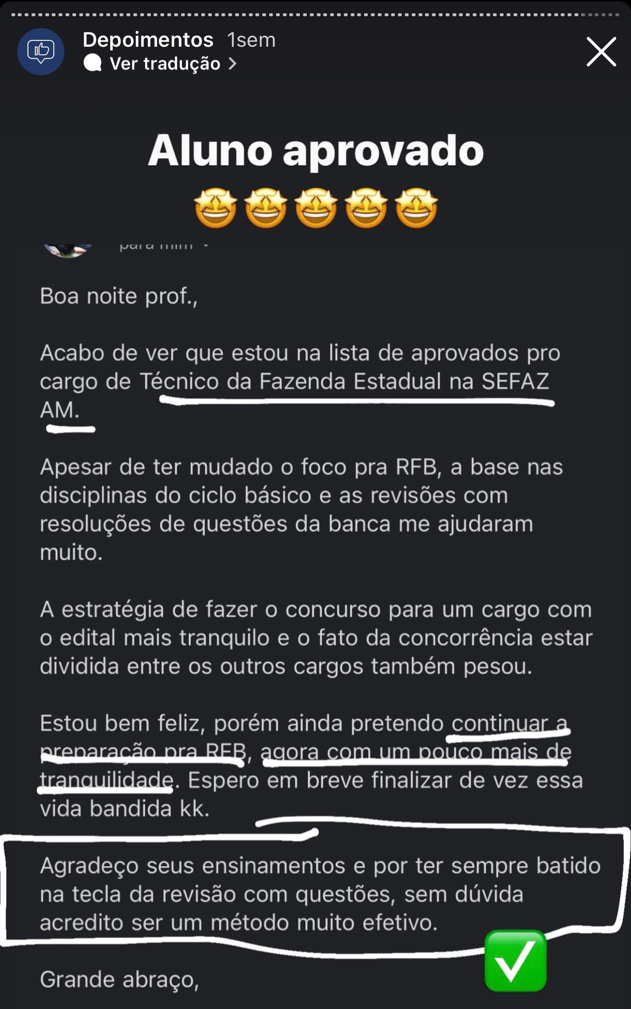 Depoimento de aluno aprovado