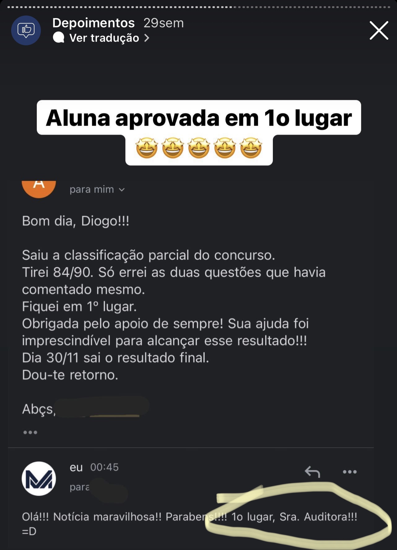 Depoimento de aluno aprovado